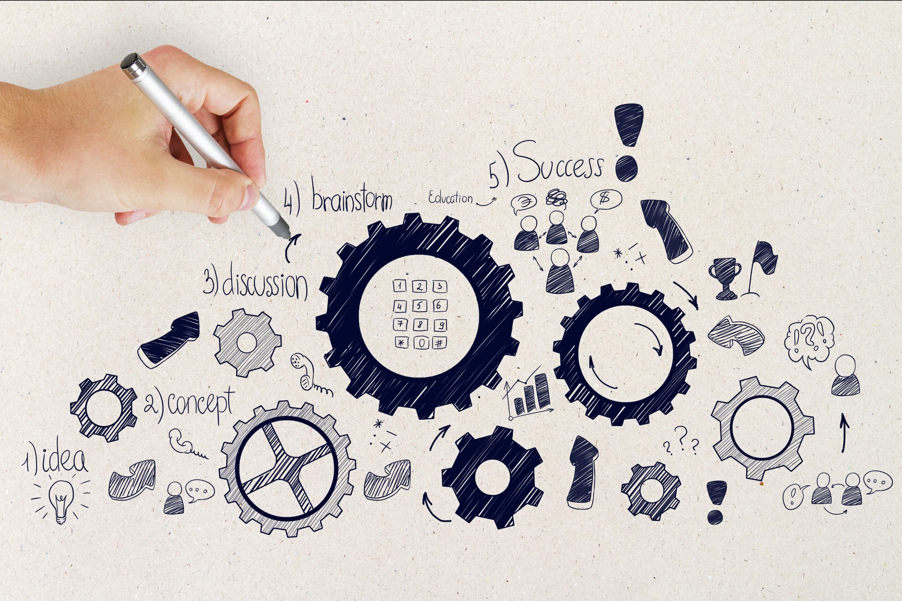 Hand drawing different sized cogs on paper