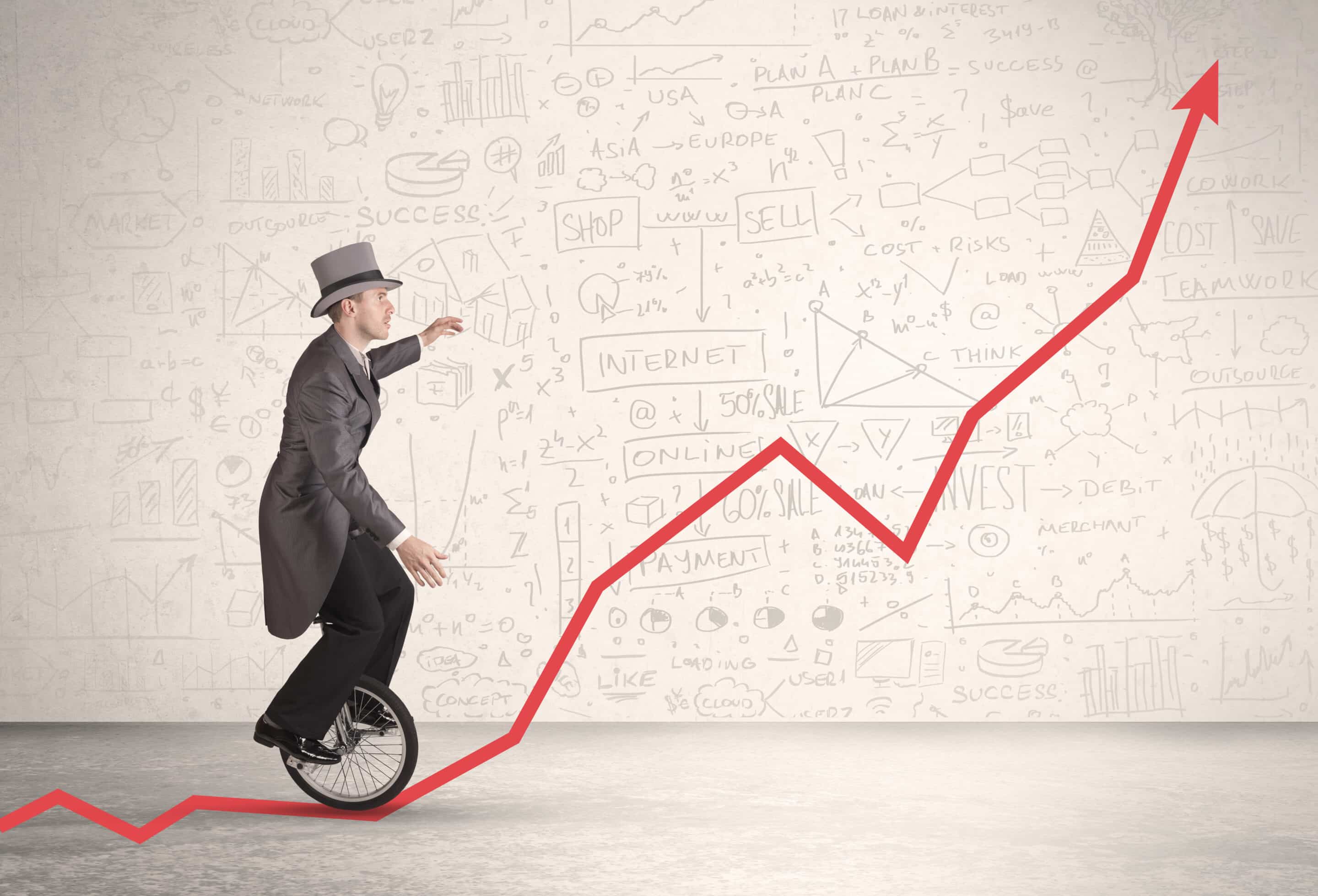 Man in top hat and tails on unicycle, riding up a growth line chart arrow